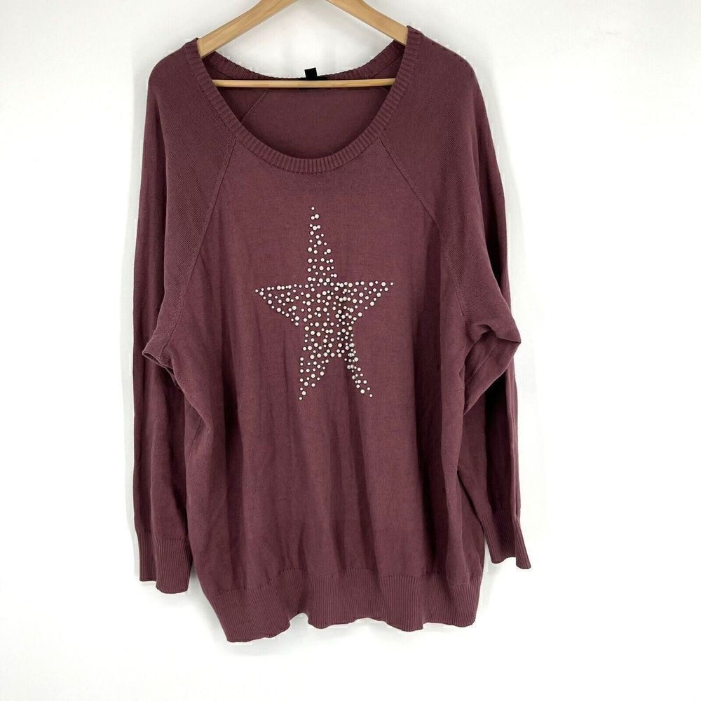 Torrid Sweater Size 3 Womens Mauve Embellished Faux Pearls Star Raglan Sleeve